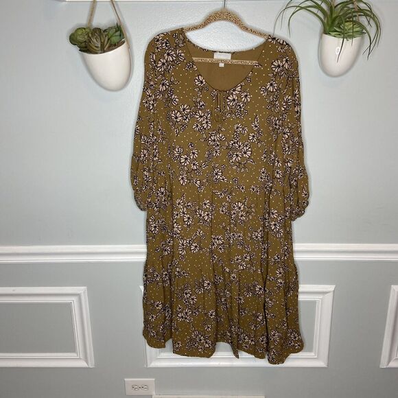 Ryllace Peasant 100% VISCOSE Mustard Promenade Tiered Floral Dress Plus Sz 20 1x - Picture 1 of 9